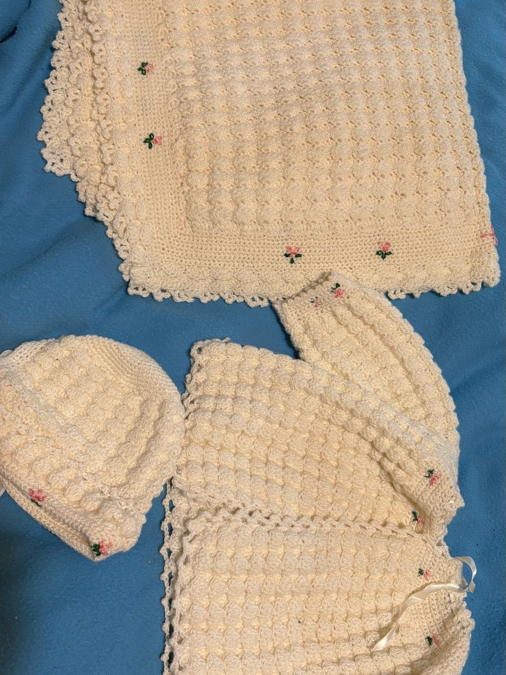 Handmade Cream Baby Blanket and Hat Set - Delicate Floral Crochet